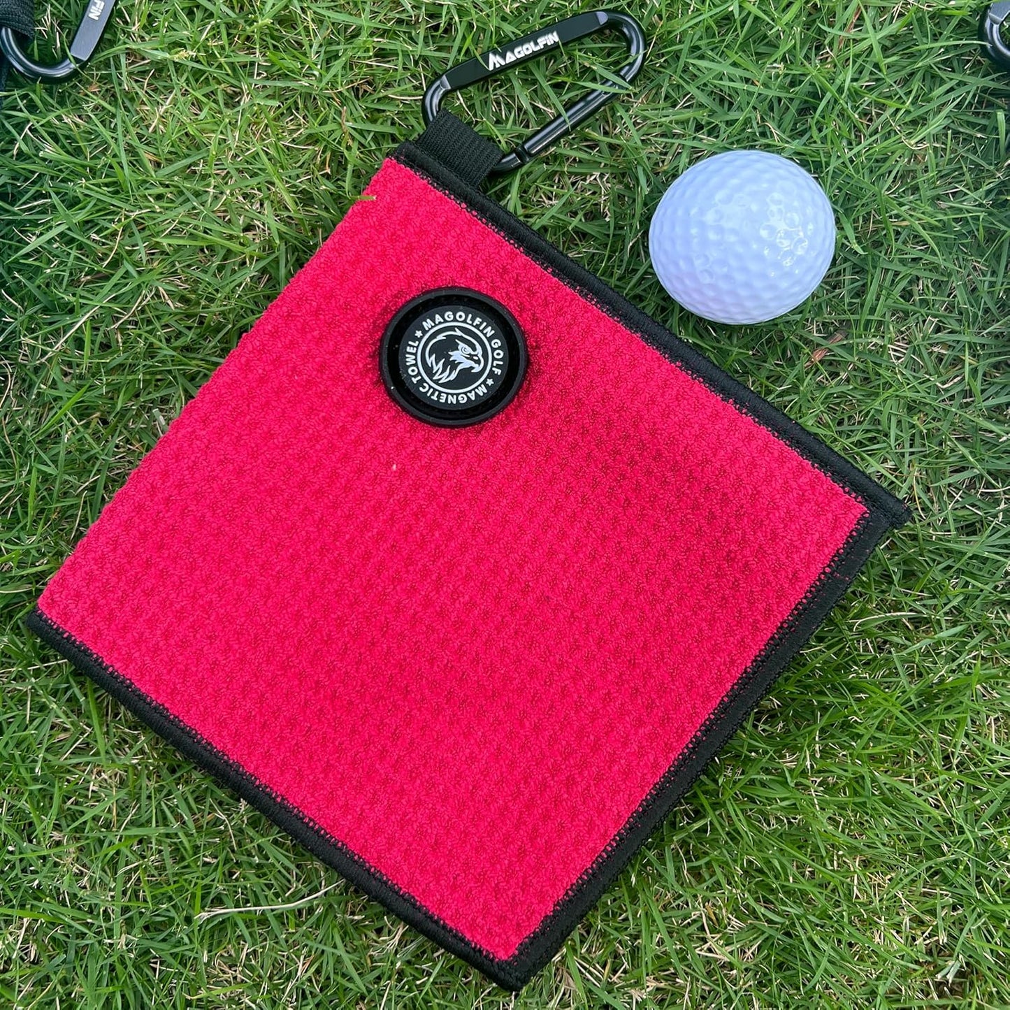 Small Magnetic Golf Towel with Clip, Microfiber Waffle Design - Industrial Strength Magnet for Glof Balls, Golf Bags, Carts Clubs - Red