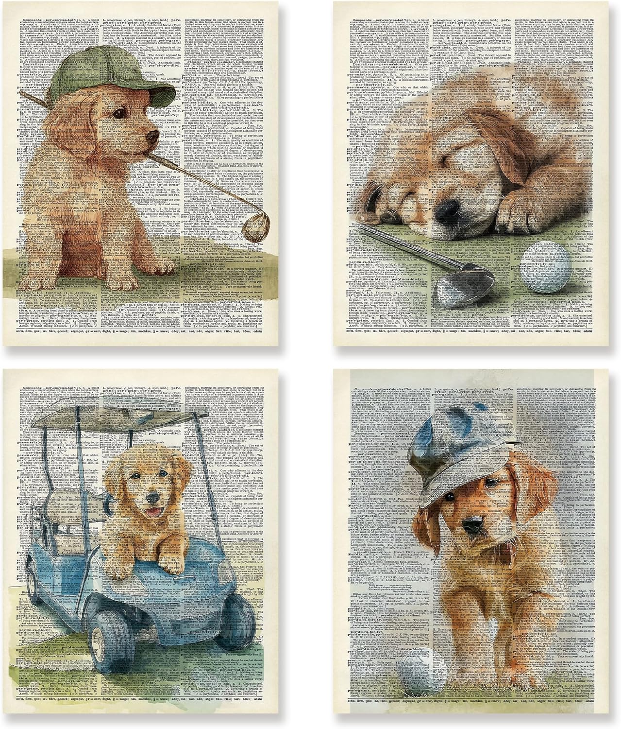 KSDUT Vintage Dog Golf Wall Decor Art Set of 4 - Retro Golden Retriever Artwork Poster Prints Golf Club Wall Decor Golf Gifts Wall Art for Nursery Sports Room Dorm Decorations - 8"x10" Unframed