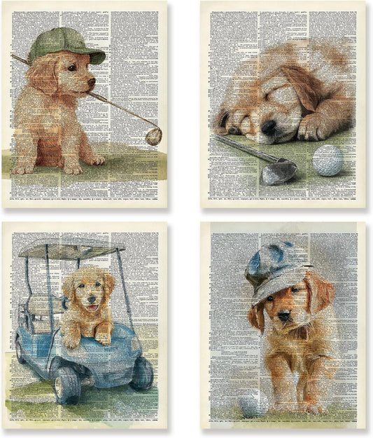 KSDUT Vintage Dog Golf Wall Decor Art Set of 4 - Retro Golden Retriever Artwork Poster Prints Golf Club Wall Decor Golf Gifts Wall Art for Nursery Sports Room Dorm Decorations - 8"x10" Unframed