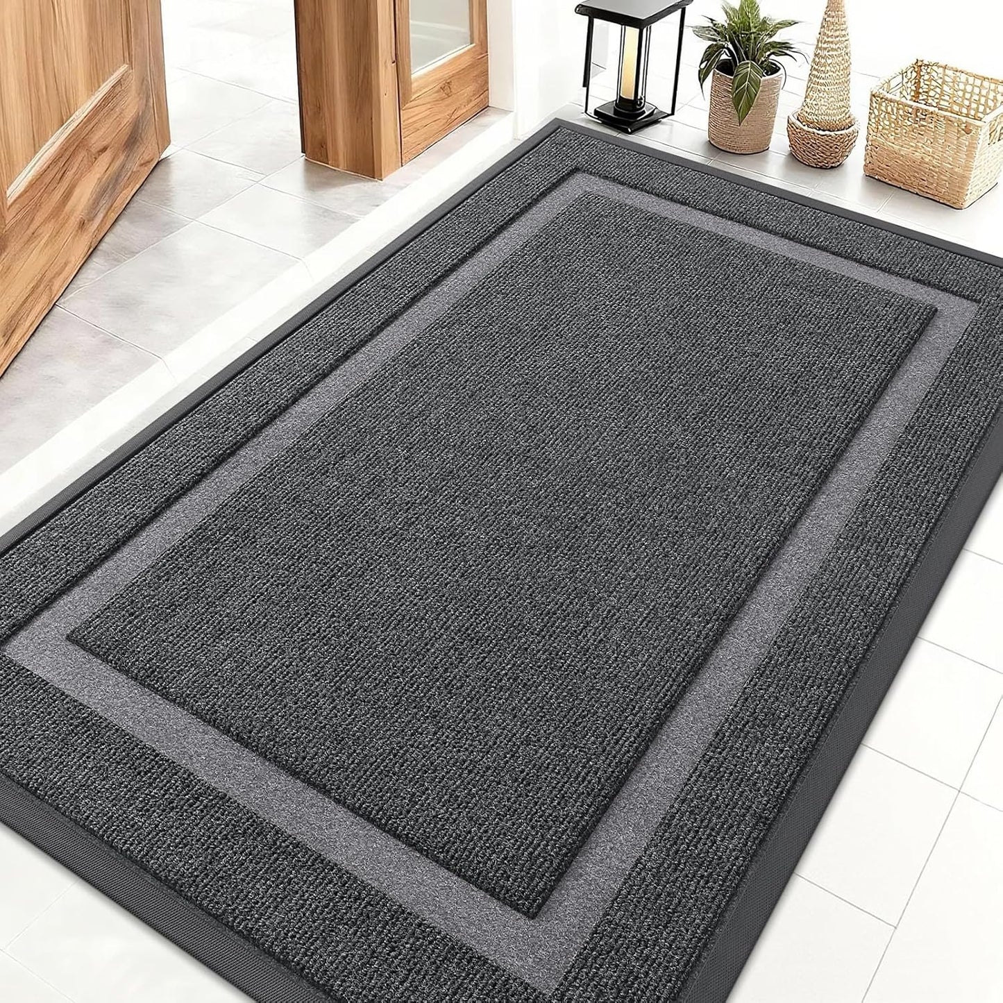 OLANLY Front Door Mat Indoor Outdoor Entrance, Waterproof All-Season, All-Weather Doormat, Sturdy Natural Rubber, Fade Resistant, Low Profile, Easy Clean Patio Porch Entryway Mat, 47x32, Grey
