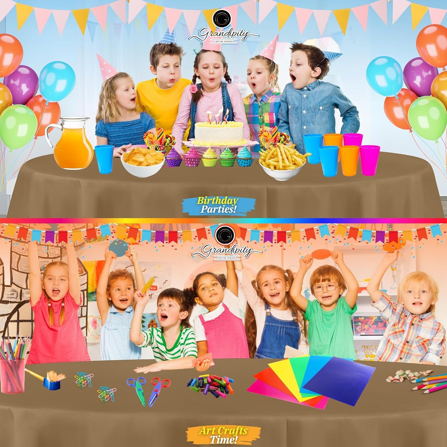 Grandipity 12 Pack Premium Disposable Plastic Tablecloth 84" Inch Decorative Round Table Cover - Gold