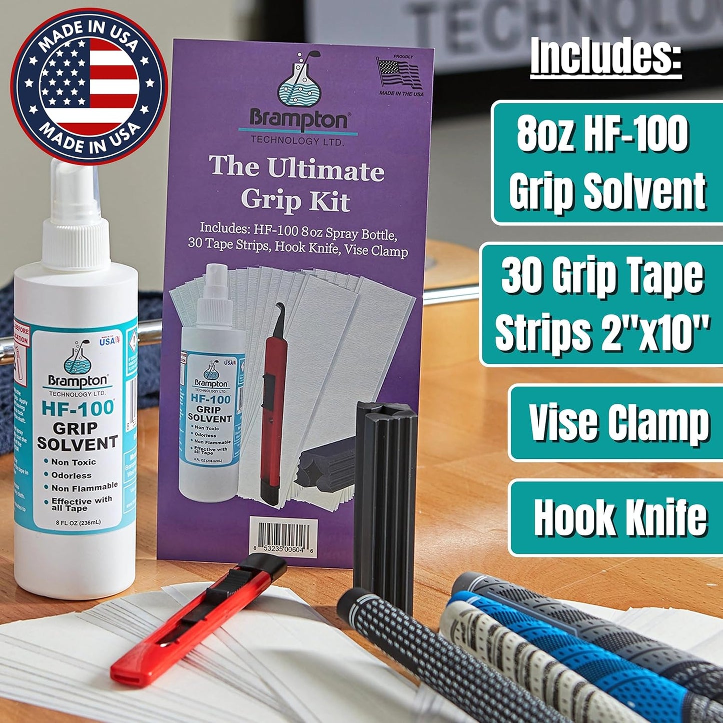 Brampton Ultimate Grip Kit for GolF Club Regripping - 30 Premium 2"x10" Golf Grip Tape Strips, Hook Knife, Rubber Vise Clamp, & 8 oz HF-100 Non-Toxic, Non-Flammable, Odorless Golf Club Grip Solvent