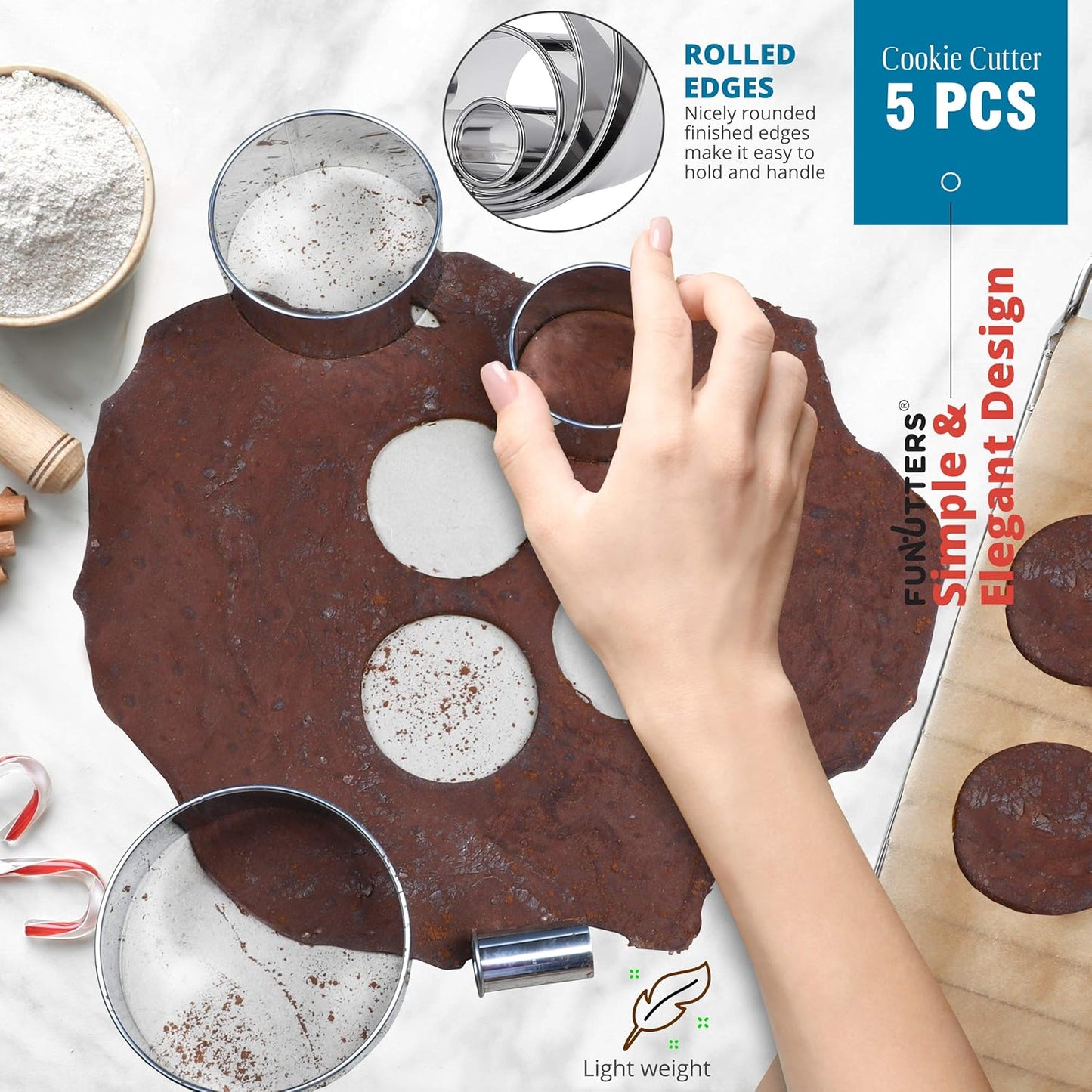 Cookie Cutter Set, 5 Pc. Kit, Measuring 1'', 2'', 3'', 4'' and 5'', Round Metal Baking Rings for Pastry, Biscuits, and Dough Cutting, Heavy Duty and Reusable, Multiple Sizes