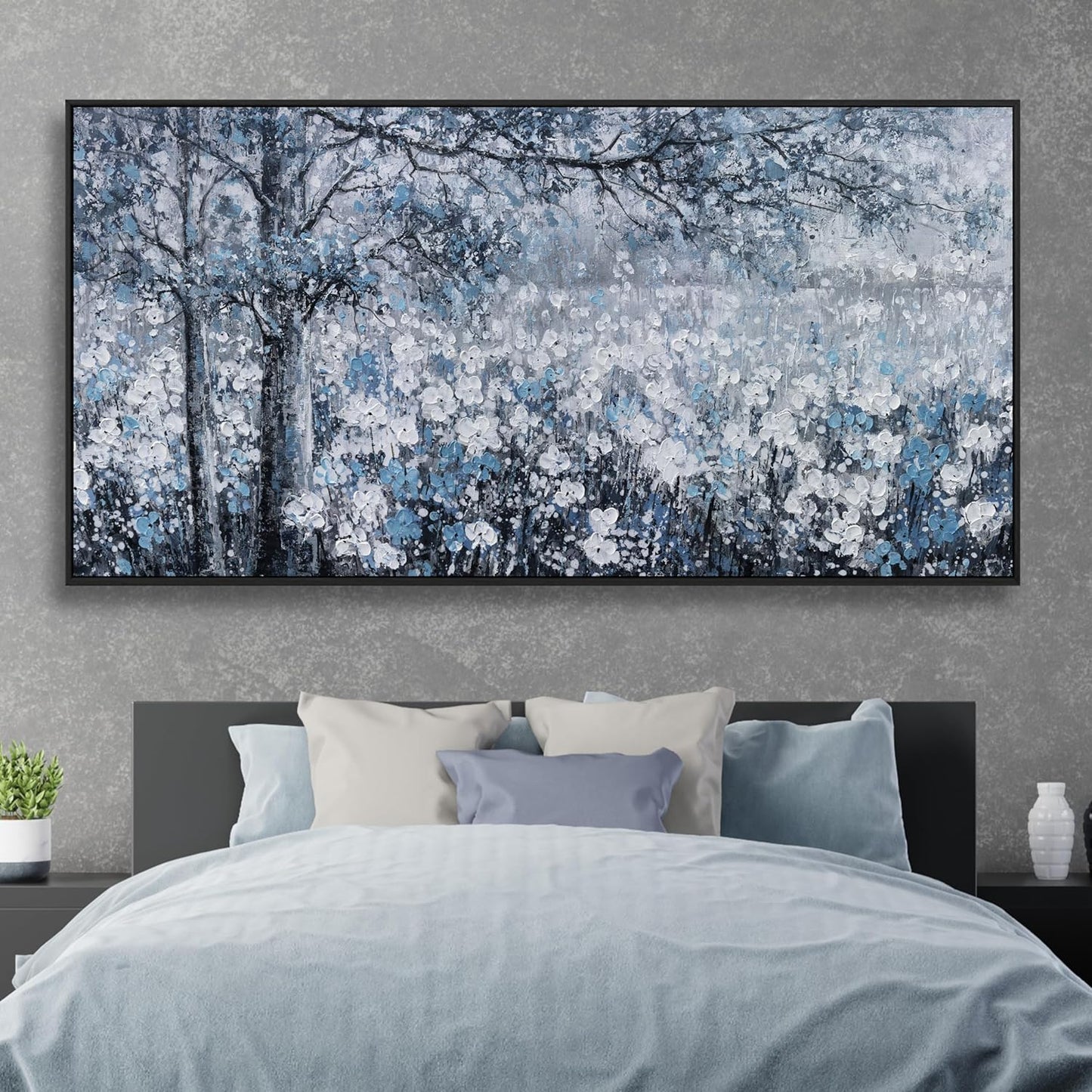 Canvas Wall Art Frame for Modern Living Room 29x58 Inches - Large Elegant Blue and White Tree Flower Landscape Picture Artwork for Bedroom, Dining Room, Home Office Decor
