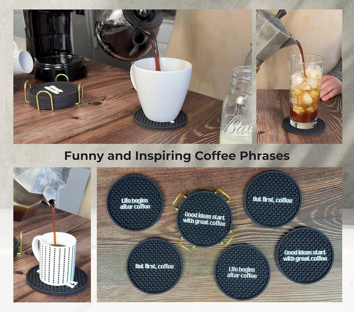Coffee Coasters Set of 6 for Bar Decor and Bar Accessories, But First Coffee Decor Funny Silicone Coasters with Gold Holder, Coaster 6 Pack, Tiki Bar Drink Coaster for Outdoor Decorations