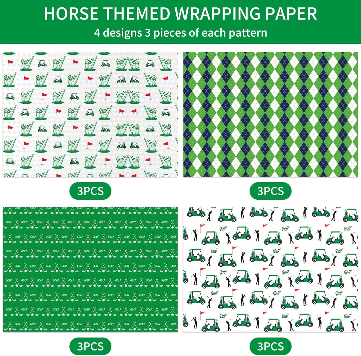 EoBeCy Golf Wrapping Paper for Men Boys, 12 Sheets Folded Gift Wrap with Golf Carts, Flags, Clubs, Green and Blue Argyle Designs, Sports Wrapping Paper for Father’s Day Birthday Retirement, 20"×28"