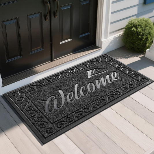 Yimobra Welcome Mat, Heavy Duty Sturdy Door Mats for Home Entrance Outdoor Indoor, Front Doormat for Outside Patio Floor Entry Porch Garage Office, Waterproof, Low Profile, 47 x 24, Black