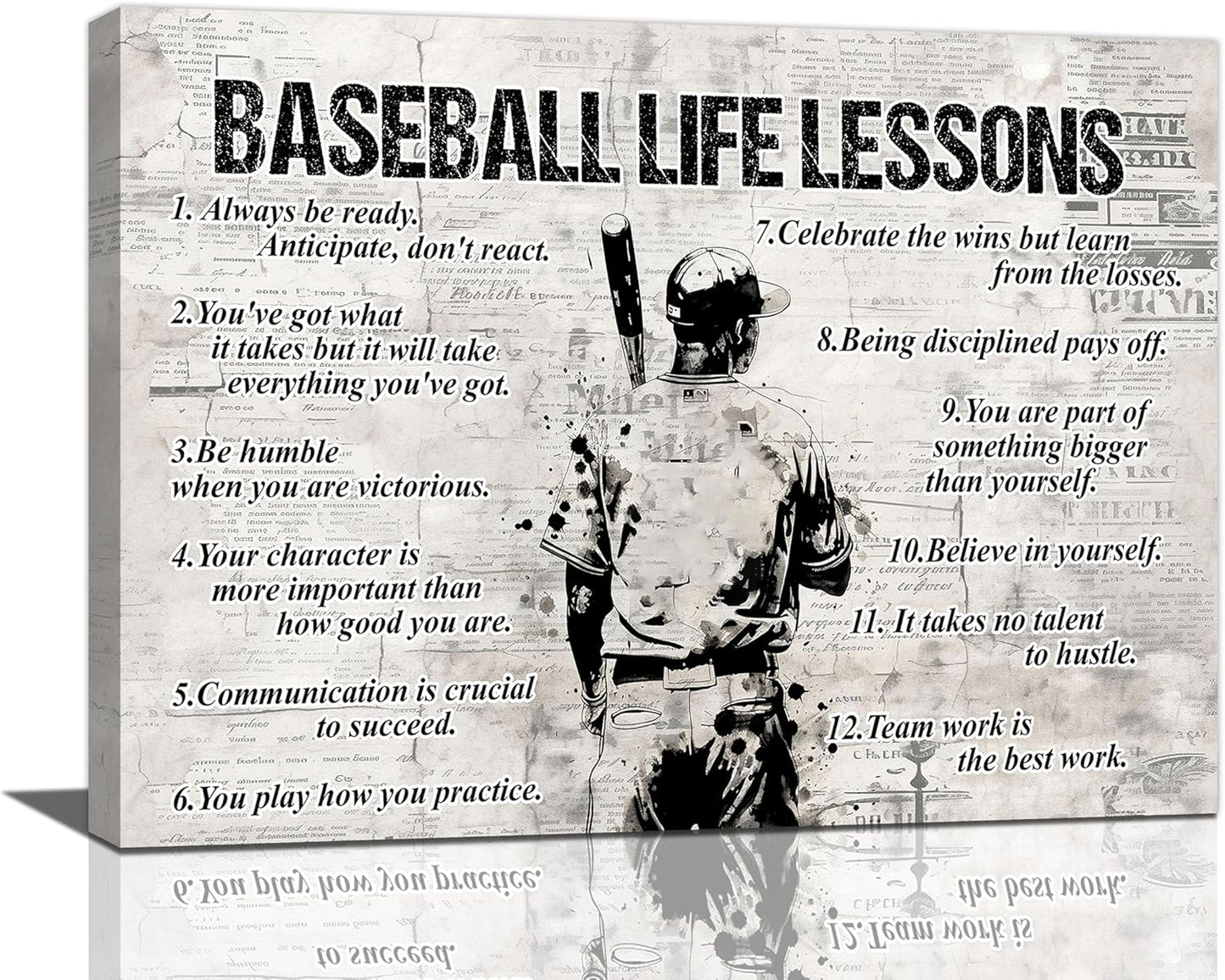Baseball Life Lessons Wall Art - Retro Poster Boy Men Room Motivational Decor Canvas Print Painting Artwork for Bedroom Bathroom Living Room 16"x12"