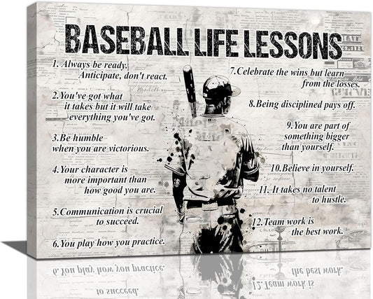 Baseball Life Lessons Wall Art - Retro Poster Boy Men Room Motivational Decor Canvas Print Painting Artwork for Bedroom Bathroom Living Room 16"x12"