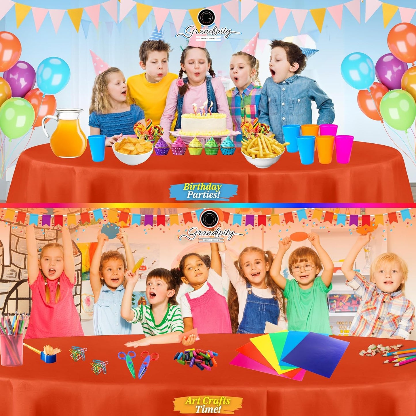 Grandipity 12 Pack Premium Disposable Plastic Tablecloth 84" Inch Decorative Round Table Cover - Orange