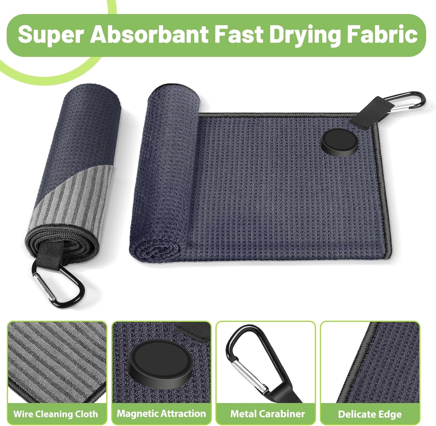2 Pack Magnetic Golf Towels with Clips, Steel Wire Cleaning Cloth, Ultra Absorbent Microfiber, Waffle Pattern Golf Towel with Magnet for Men Women, Golf Accessories for Golf Bags, Carts or Clubs