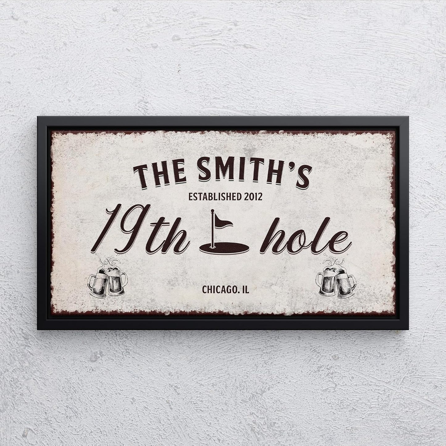 Awesometik 19th Hole Retro Vintage Golf Wall Art Sign with Beer Mugs, 12x24 inches, Wooden Canvas, Wall Mount, Adult Golfer Man Cave Bar Decor
