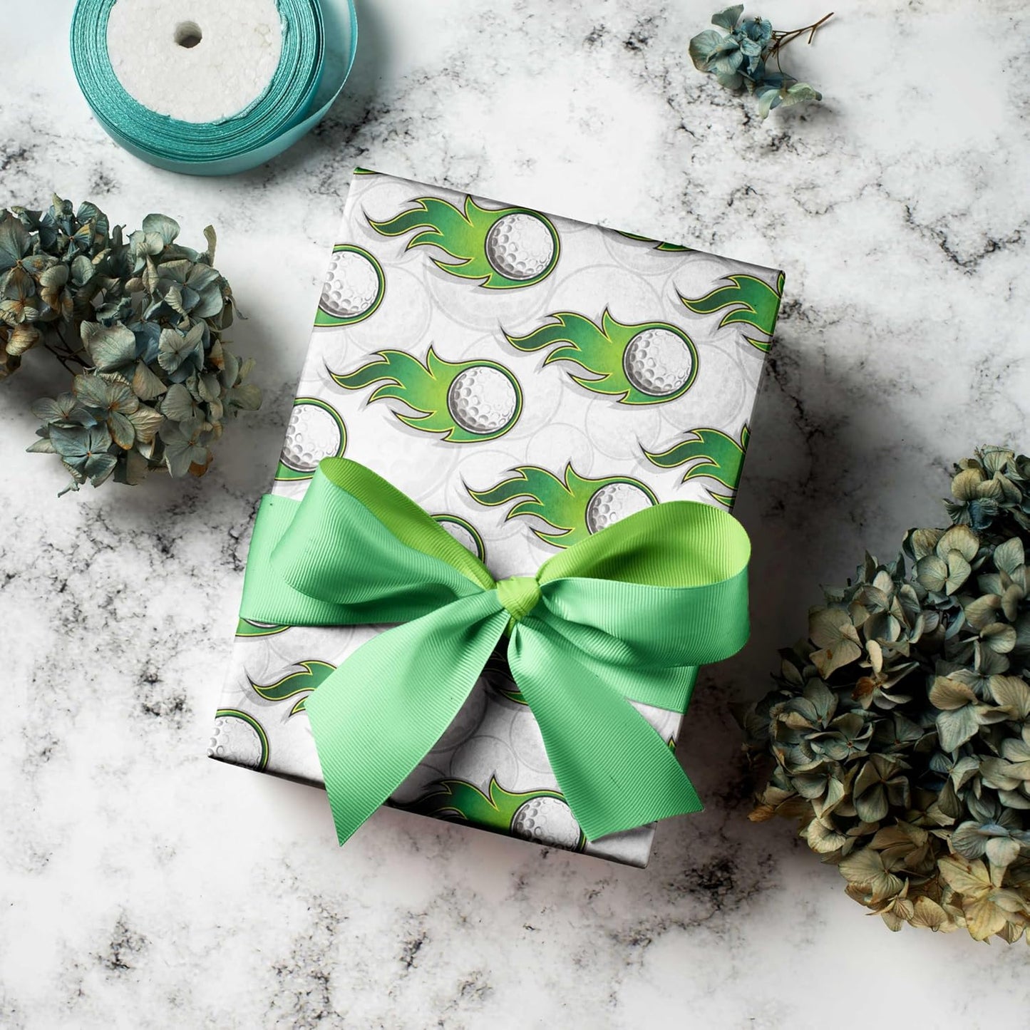 WAPLIGHAL Golf Wrapping Paper - 28 x 40 Inches - White Background with Green Flame Golf Ball Design - Perfect for Birthdays, Holidays, Father’s Day