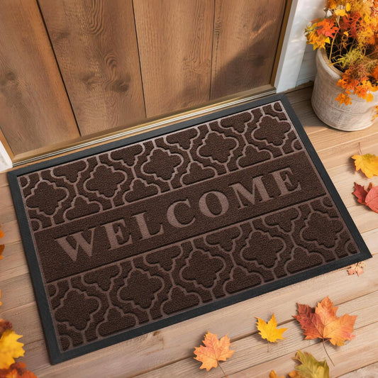 Yimobra Welcome Matt Outdoor Indoor 29.5x17, All-Weather Waterproof Front Door Mat Outside Entrance, Non-Slip Low Profile Porch Patio Doormat, Brown