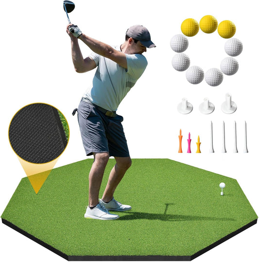 5x4ft Golf Hitting Mat, Thickened 21mm/31mm/36mm Artificial Turf Golf Practice Mats for Indoor Outdoor Backyard Driving Swing Training with 9 PU Balls, 3 Rubber Tees, 7 Tees