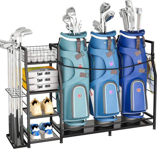 Golf bag stand for Golf Bag Accessories, Golf Bag Storage Organizer Fits 3 Bags for Garage Organization, Golf Organizer with Extra Storage Rack for Golf Clubs & Golf Essentials, Golf Gifts for Men