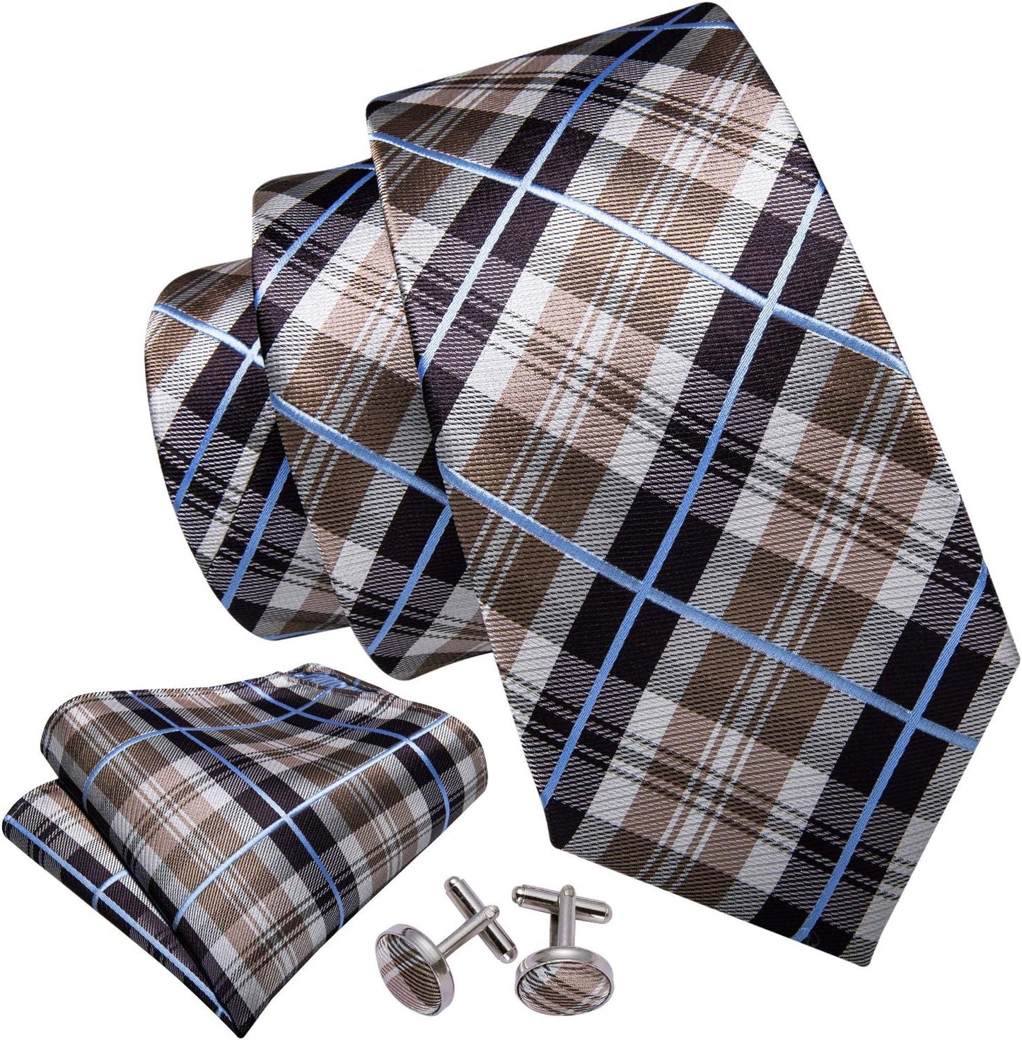 Barry.Wang Designer Classic Ties for Men Set Formal Pocket Square Cufflink Check Plaid
