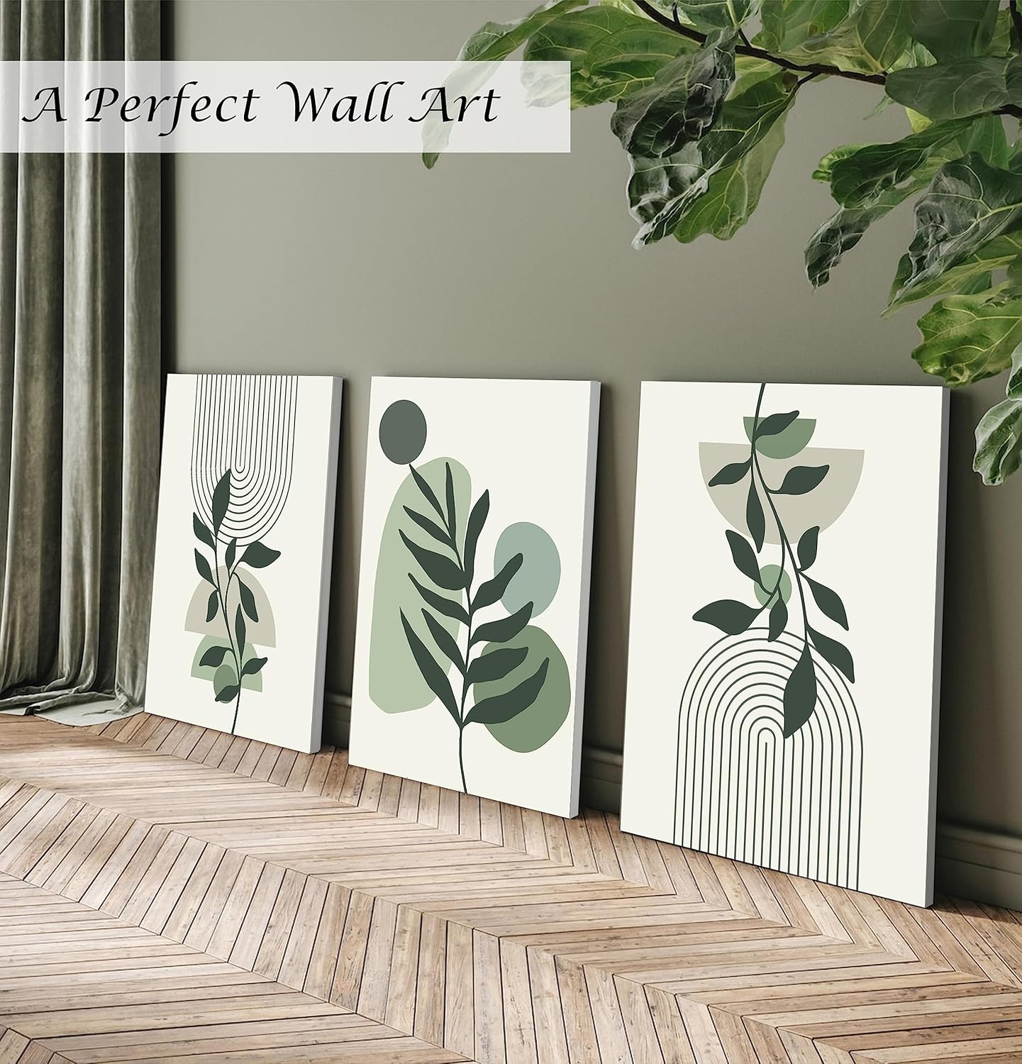 Induslyfe Large Framed Boho Canvas Wall Art Set of 3, Mid Century Modern room Decor, Minimalist Geometric Abstract Boho Bathroom wall art Canvas Prints Ready To Hang Bedroom decor (Sage Green,
