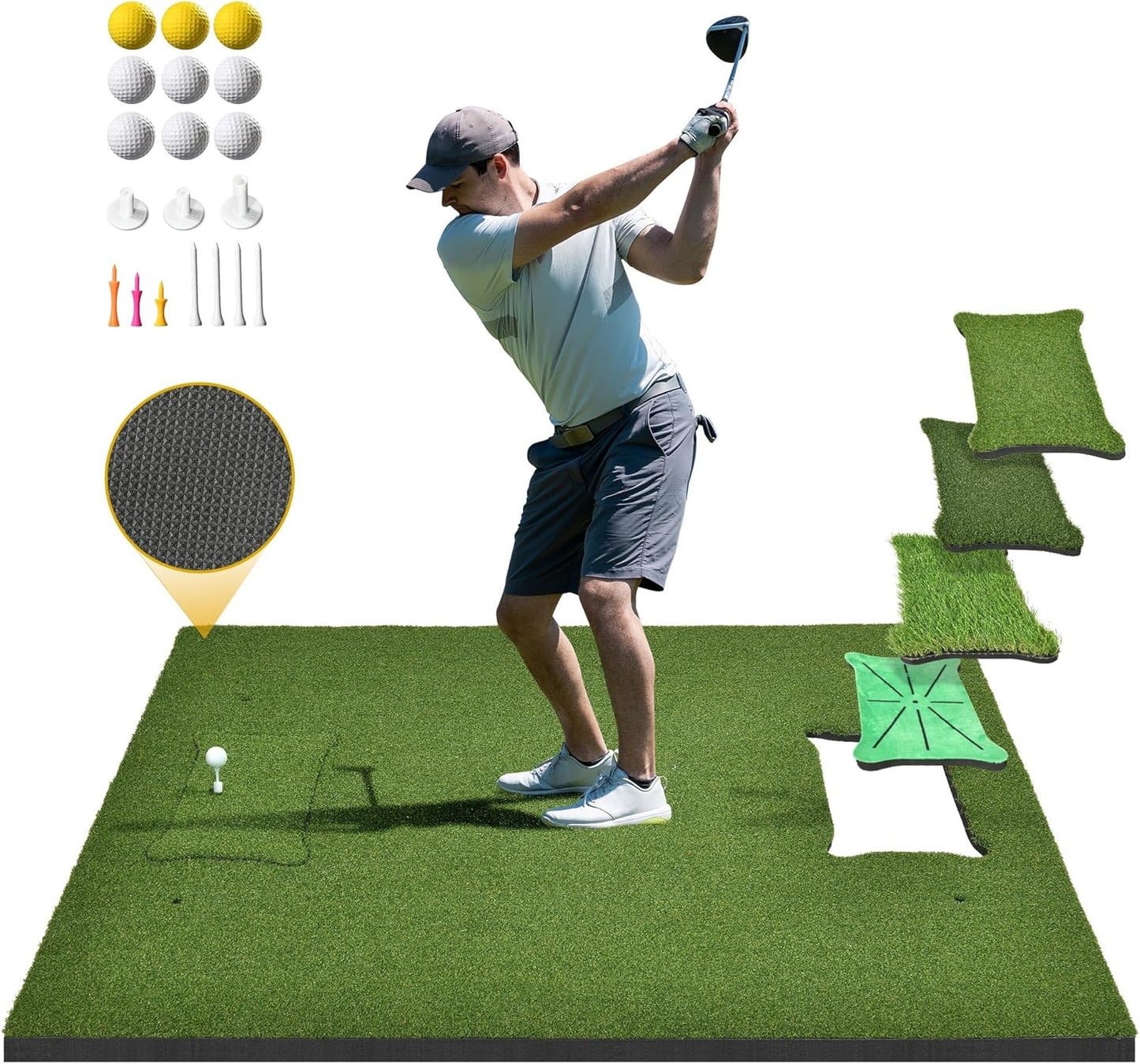 5x4ft Golf Hitting Mat, Thickened 21mm/31mm/36mm Artificial Turf Golf Practice Mats for Indoor Outdoor Backyard Driving Swing Training with 9 PU Balls, 3 Rubber Tees, 7 Tees