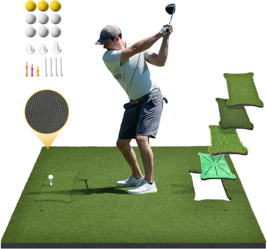 5x4ft Golf Hitting Mat, Thickened 21mm/31mm/36mm Artificial Turf Golf Practice Mats for Indoor Outdoor Backyard Driving Swing Training with 9 PU Balls, 3 Rubber Tees, 7 Tees
