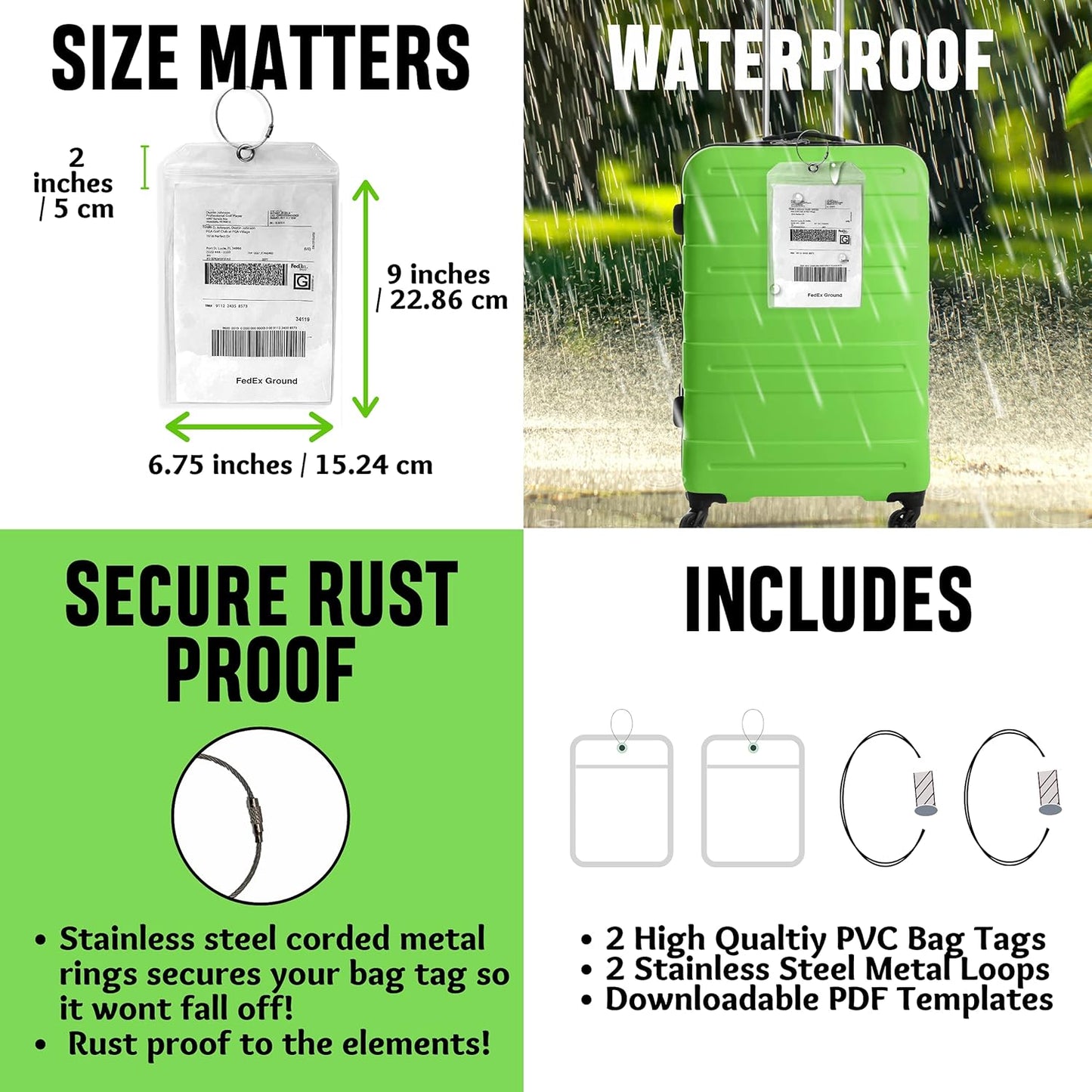 Golf Luggage Tag - Set of 2 Bag Tags Set Extra Large 9" x 6" - Plastic Waterproof Zipper Pouch - PVC Baggage Tag Sleeve for Travel & Shipping Golf Bag - Sealable Personalized Ship Sticks Insert