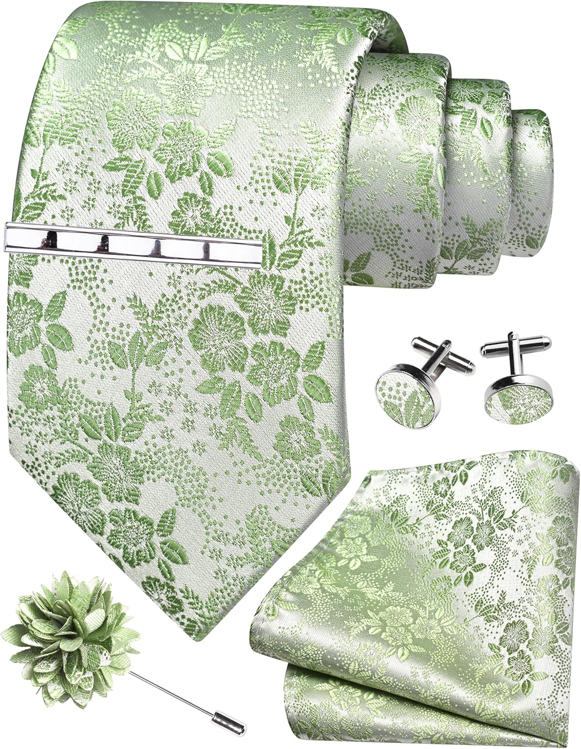 GUSLESON Tie Set for Men Necktie and Pocket Square,Tie Clip,Cufflinks, Lapel Pin Sets with Gift Box 5PCS