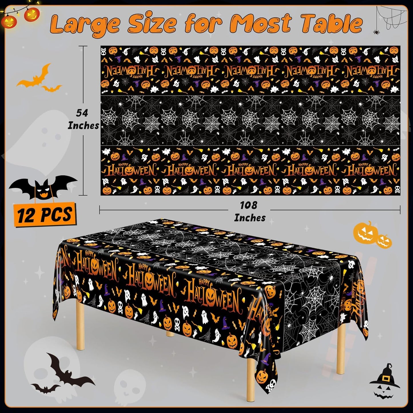 QZYL 12 Pack Halloween Plastic Tablecloth, 54" x 108" Pumpkin Decorations, Spider Webs Pumpkin Design Disposable Table Cloth Tablecover, Halloween Party Decor Dinnerware Indoor
