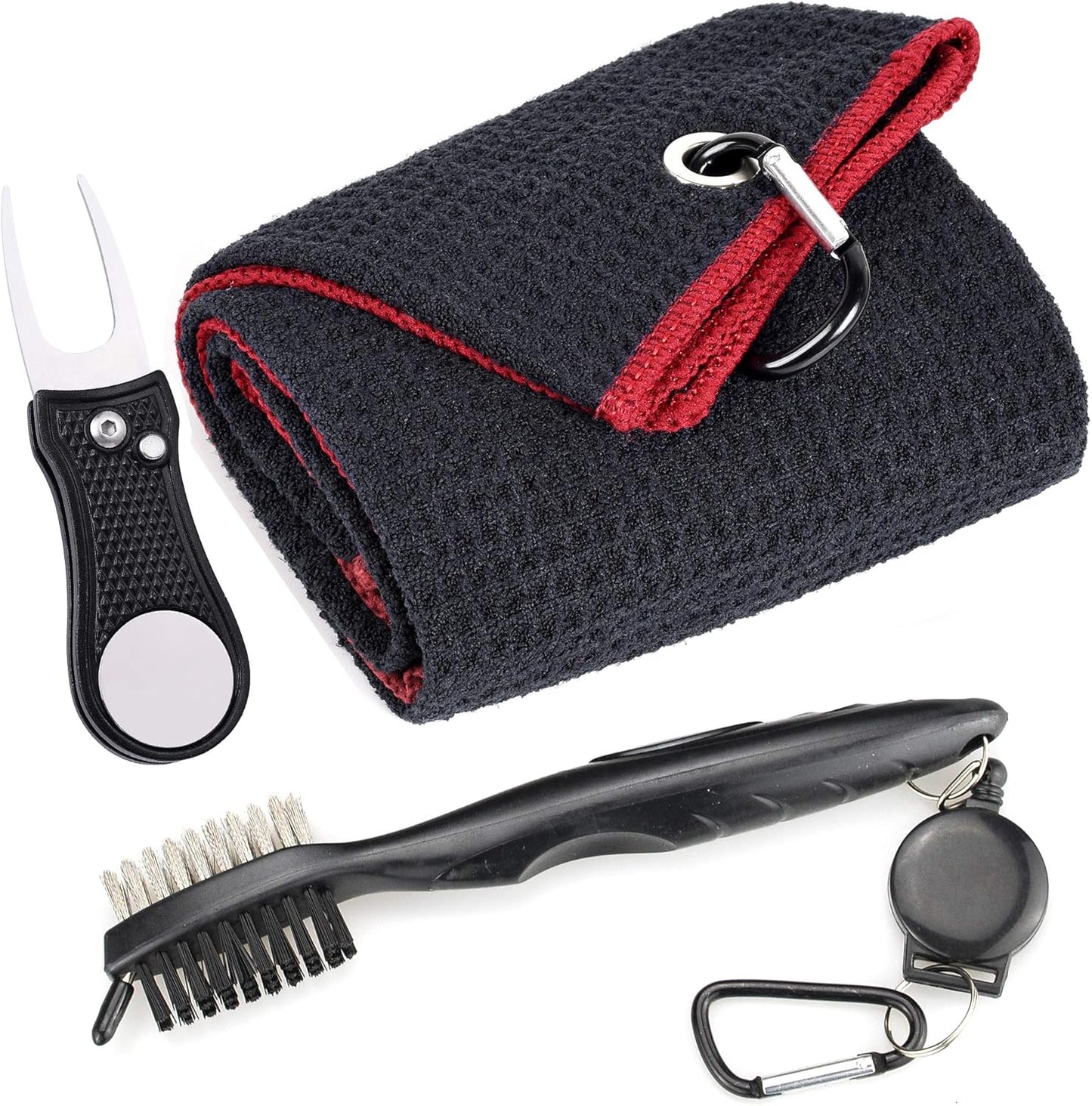 Mile High Life Microfiber Waffle Pattern Golf Towel | Club Groove Cleaner Brush | Foldable Divot Tool with Magnetic Ball Marker (Black w/red Towel/Brush/Bone Divot)