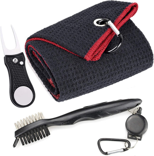 Mile High Life Microfiber Waffle Pattern Golf Towel | Club Groove Cleaner Brush | Foldable Divot Tool with Magnetic Ball Marker (Black w/red Towel/Brush/Bone Divot)
