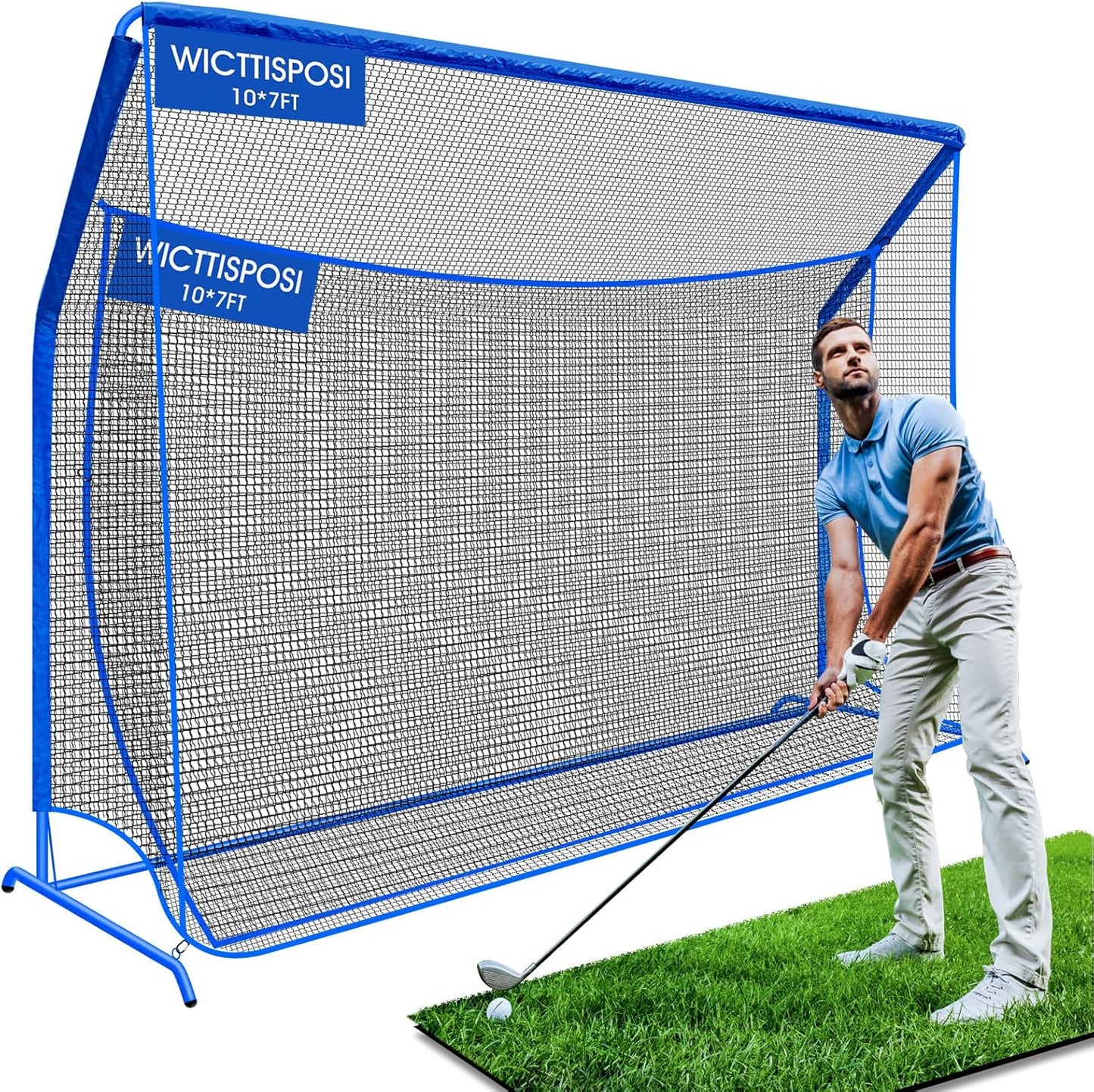 Golf Hitting Net with Extra Striking Net, 10x7ft/7x7ft Heavy Duty Golf Practice Nets for Golfers Backyard Driving Swing, Golf Impact Cage Metal Frame with Storage Bag&Elevated Base, Indoor Outdoor Use
