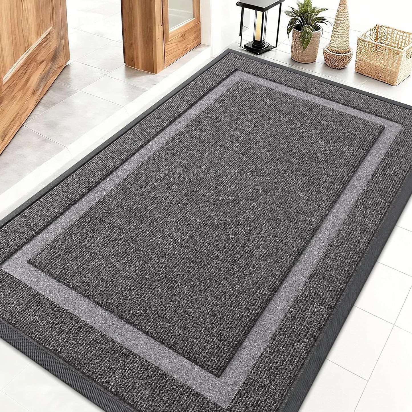 OLANLY Front Door Mat Indoor Outdoor Entrance, Waterproof All-Season, All-Weather Doormat, Sturdy Natural Rubber, Fade Resistant, Low Profile, Easy Clean Patio Porch Entryway Mat, 47x32, Dark Grey