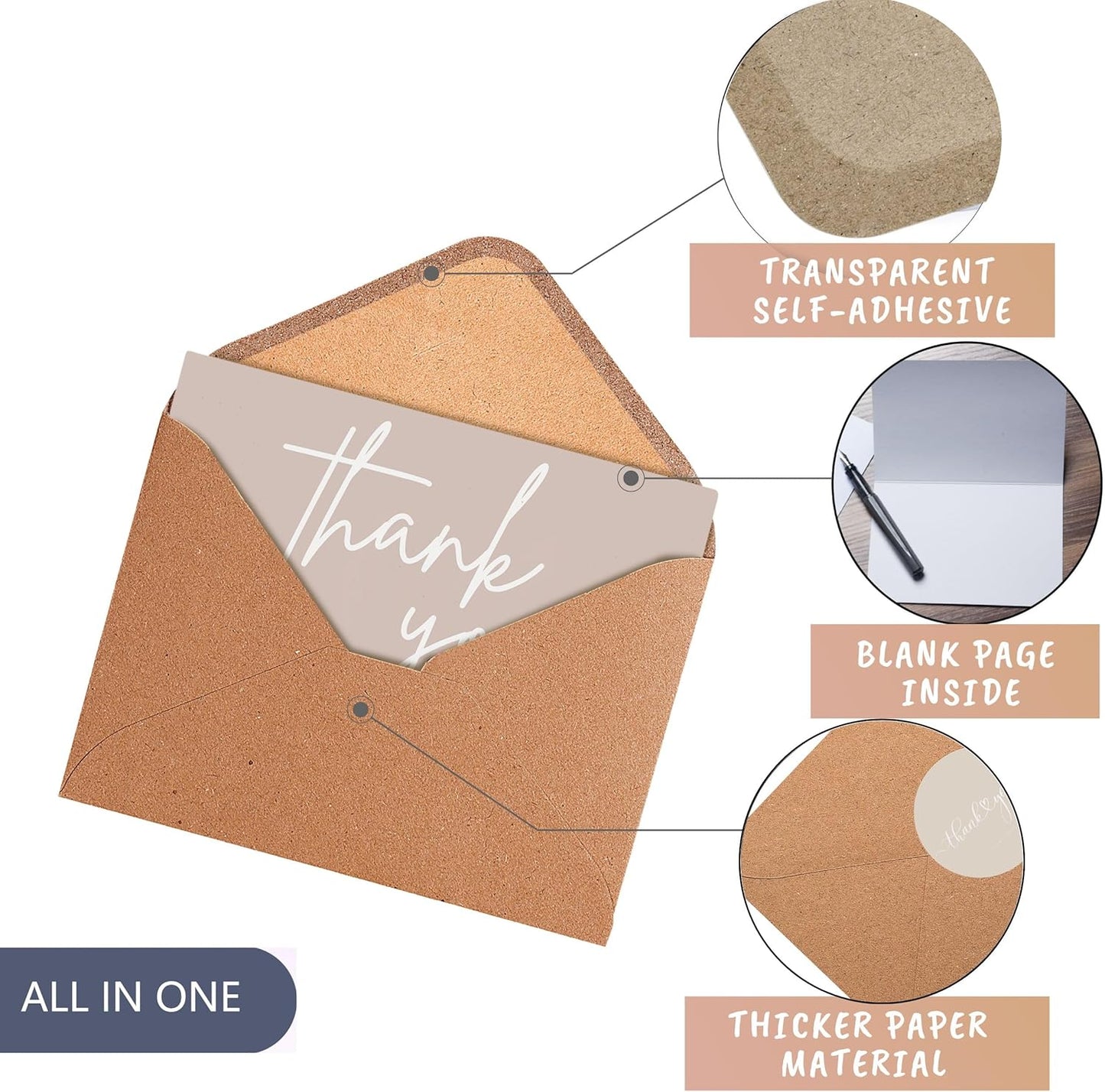 100 Bulk Khaki Thank You Cards with Kraft Envelopes and stickers - 4 Minimalistic Designs Blank Thank You Notes with Envelopes beige for business Wedding Bridal Gift Baby Shower Business Graduation