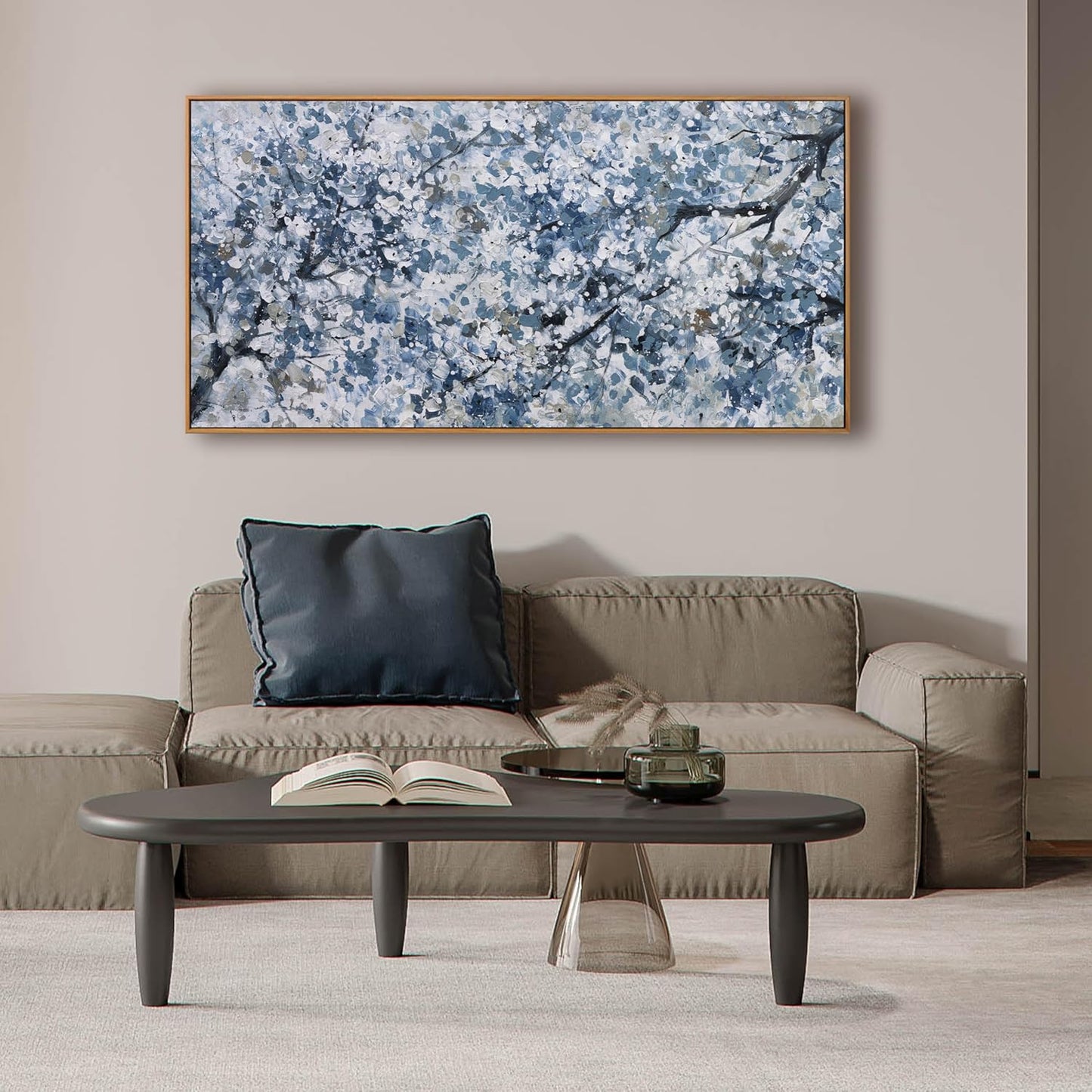 Canvas Wall Art Oil Painting Dark Blue And White Abstract Flower Tree Plants Wall Decor Pictures For Bedroom Canvas Botanical Wall Art Decorations Artwork For Living Room Home Office 20"×40"Framed