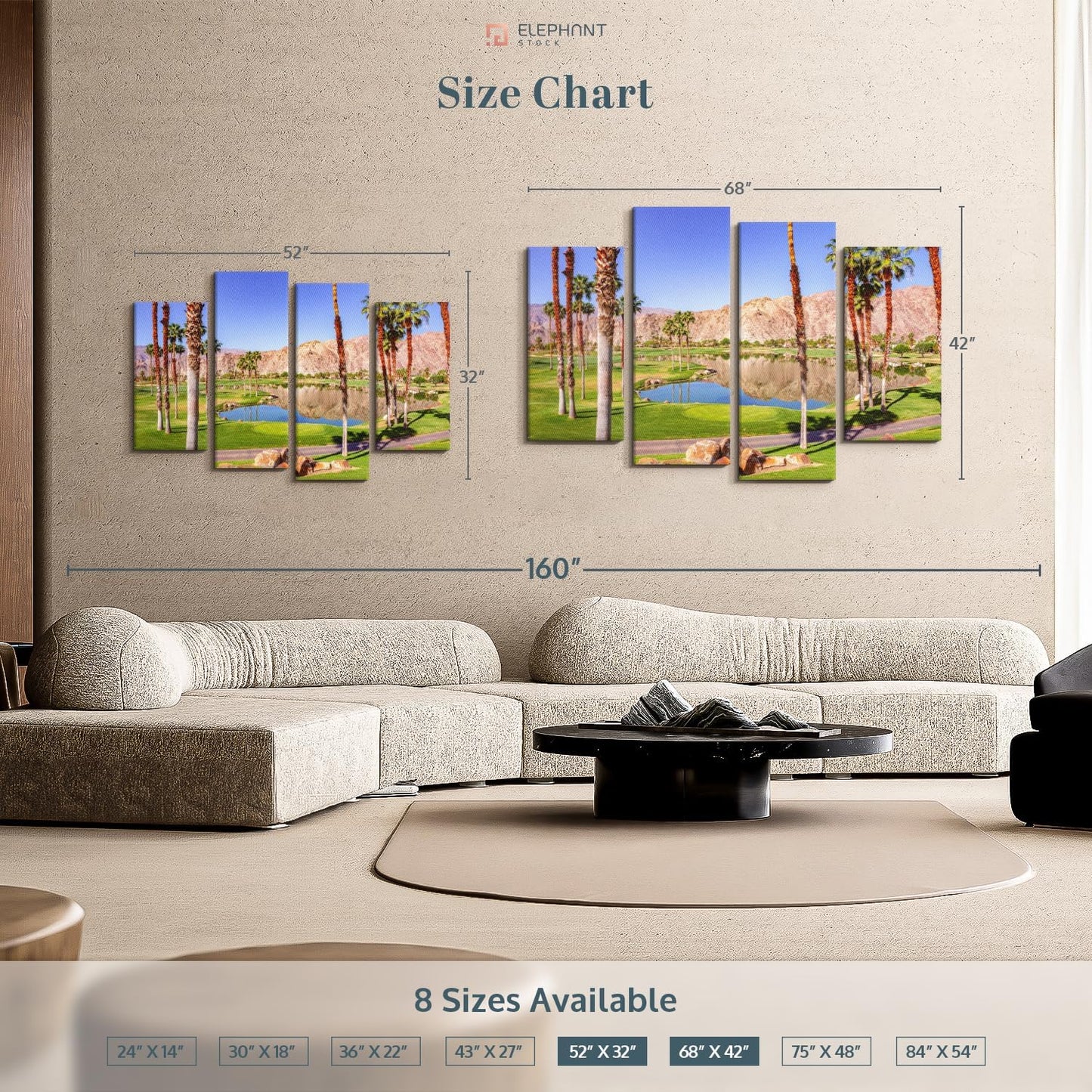 Elephant Stock La Quinta Golf Course Wall Art - Horizontal Canvas - 4-Piece Living Room Wall Decor - Photography Sports Canvas Print - Beige and Brown Decor for Wall - 68" X 42"