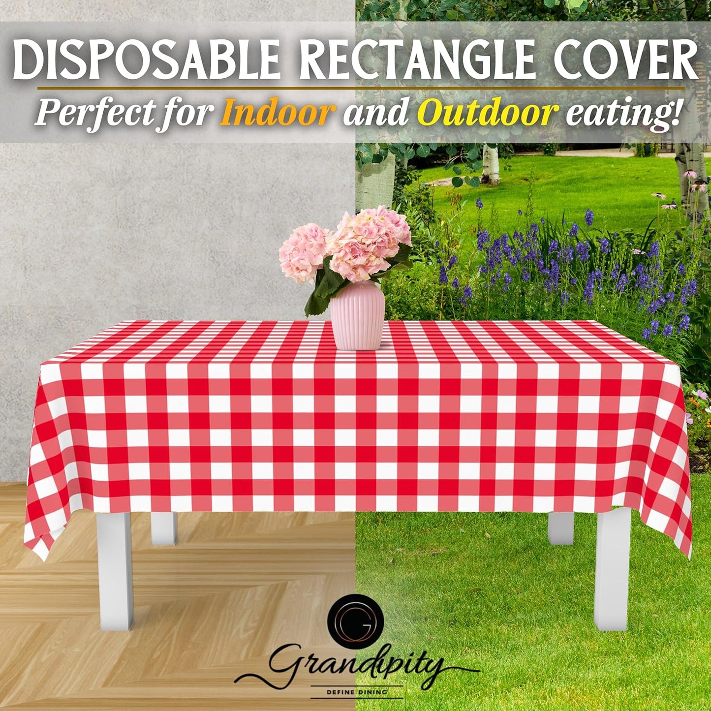 Grandipity 12 Pack Premium Disposable Plastic Picnic Tablecloth 54 Inch. x 108 Inch. Decorative Rectangle Table Cover - Red Checkered Gingham