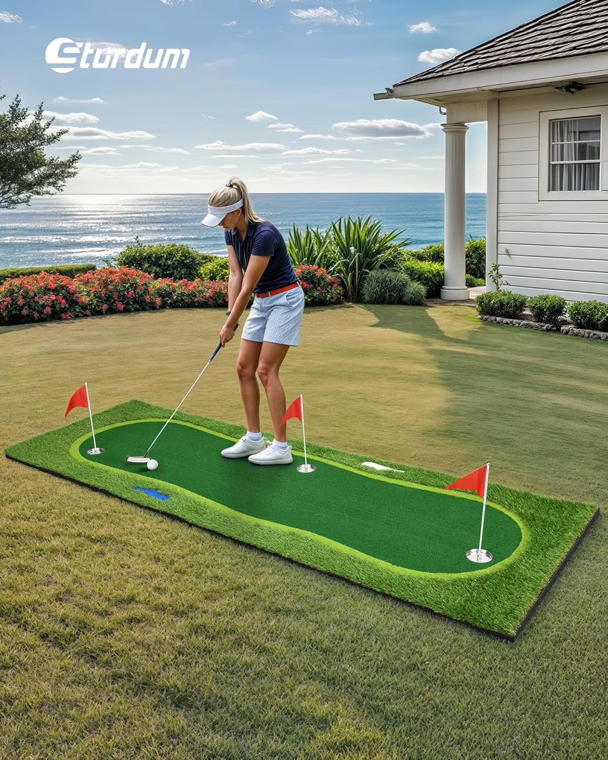 Golf Putting Green, Professional Grade Large Golfing Putting Mats with Sand Pit and Water Hazard for Indoor Outdoor