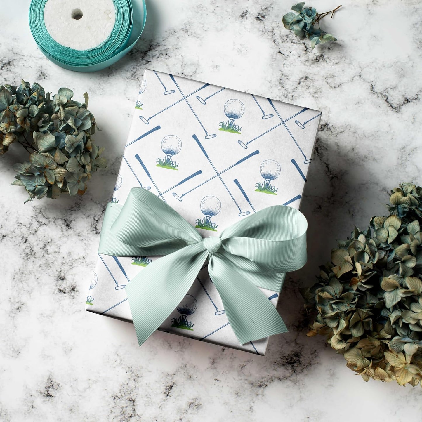 WAPLIGHAL Golf Wrapping Paper for Kids Men - Blue Golf Club and Ball Design - 28 x 40 Inches - Perfect for Birthdays, Holidays, and Father’s Day