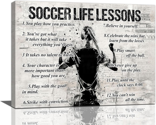Soccer Sports Wall Art Soccer Life Lessons Wall Decor Soccer Sign Retro Poster Boy Men Motivational Decorations Canvas Print Painting Artwork for Bedroom Bathroom Living Room Gym 16"x12"