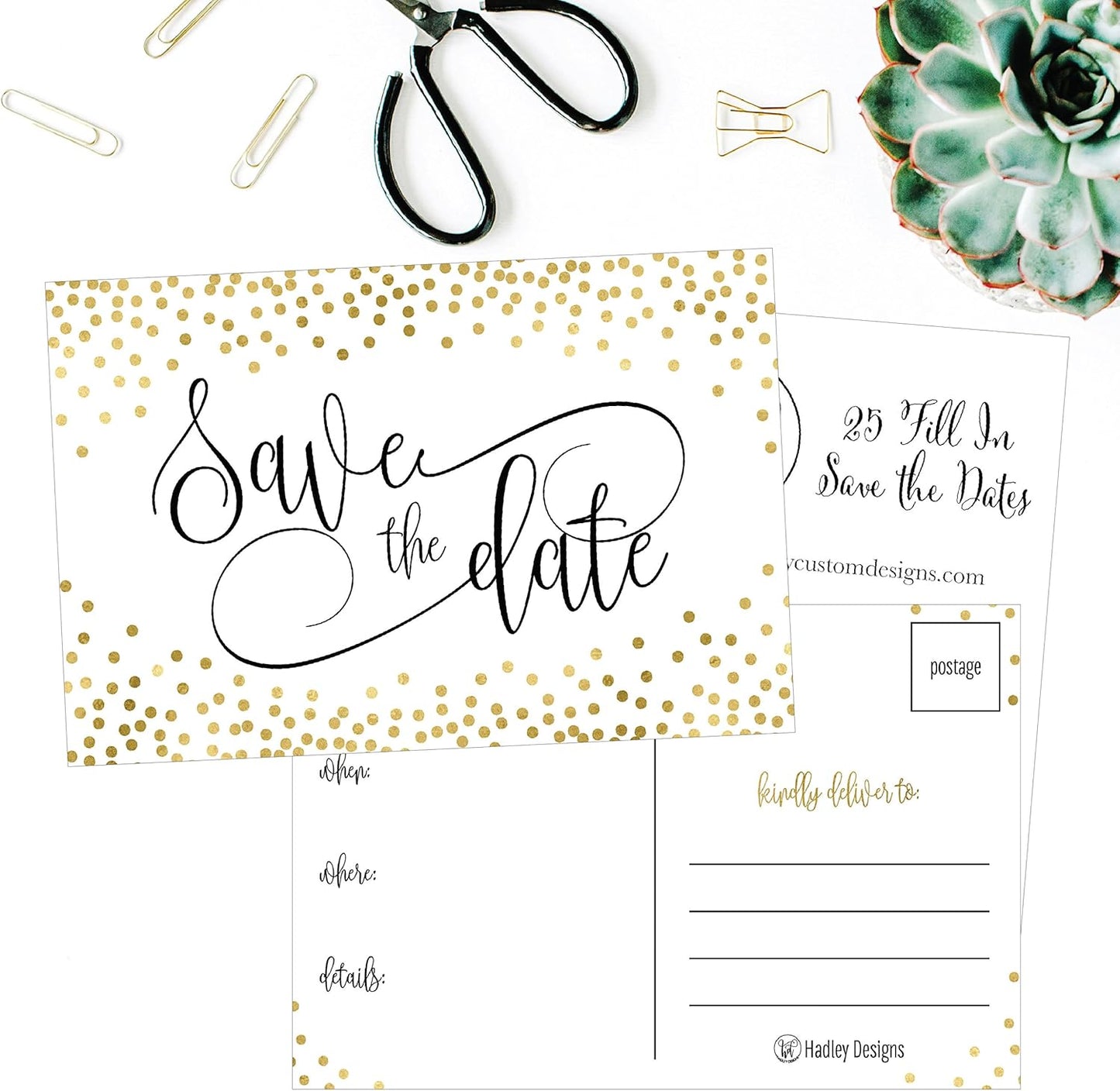 Hadley Designs 25 Elegant Gold Dots Save The Date Postcards For Wedding, Engagement, Anniversary, Baby Shower, Birthday Party Invitations Simple Black and White Blank Event Announcements