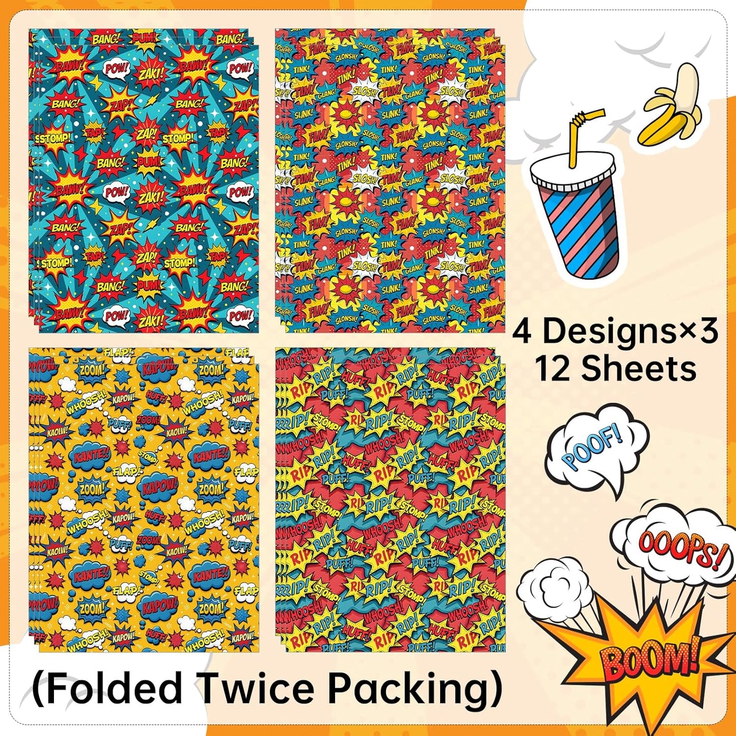 Pineraap Comic Wrapping Paper 12 Sheets Colorful Talk Bubbles Designs Cartoon Gift Wrap for Birthday,Party,20"×28"