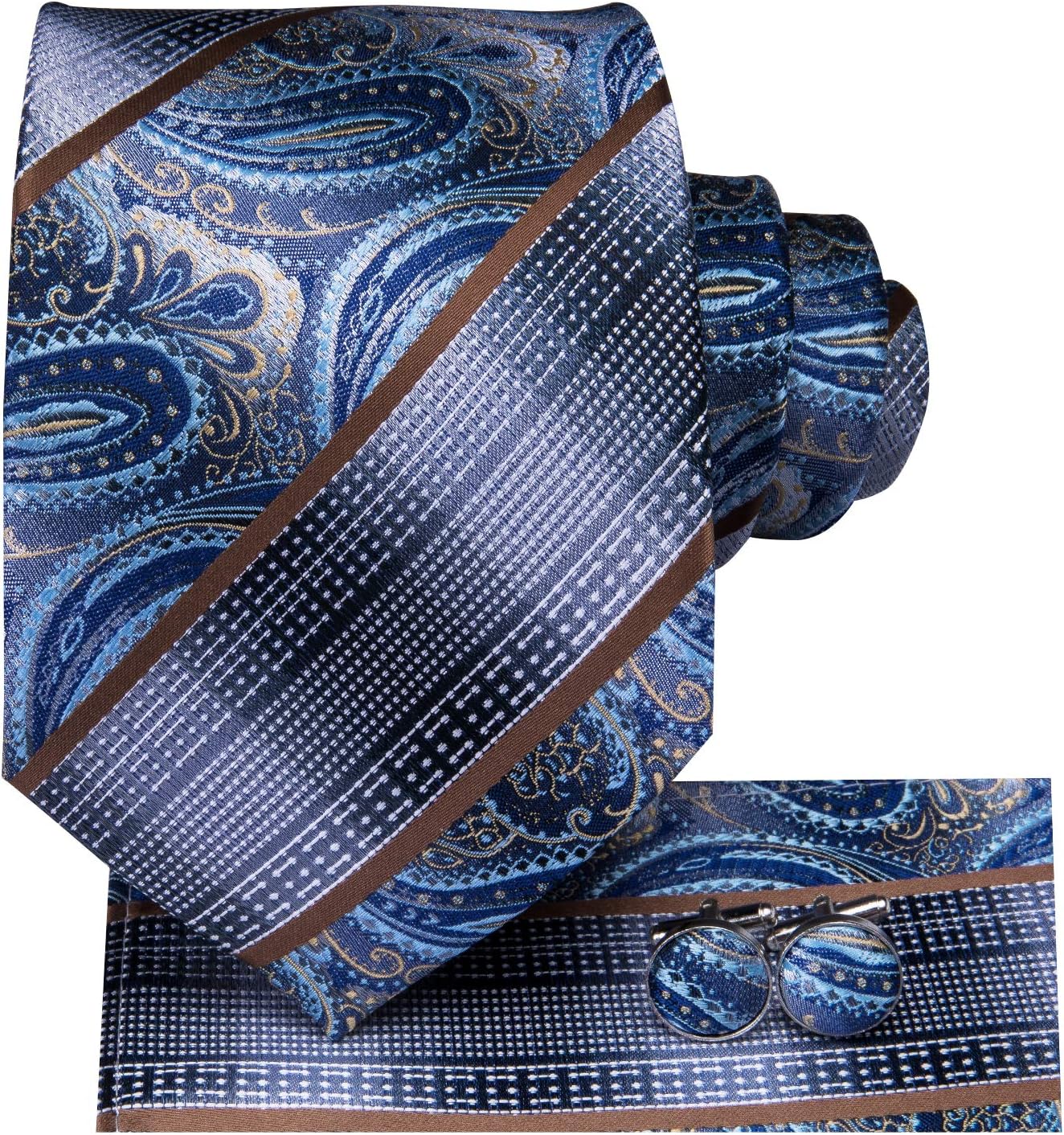 Dubulle Mens Paisley Striped Tie WOVEN Necktie for Men and Handkerchief Cufflinks Set Wedding Formal Business