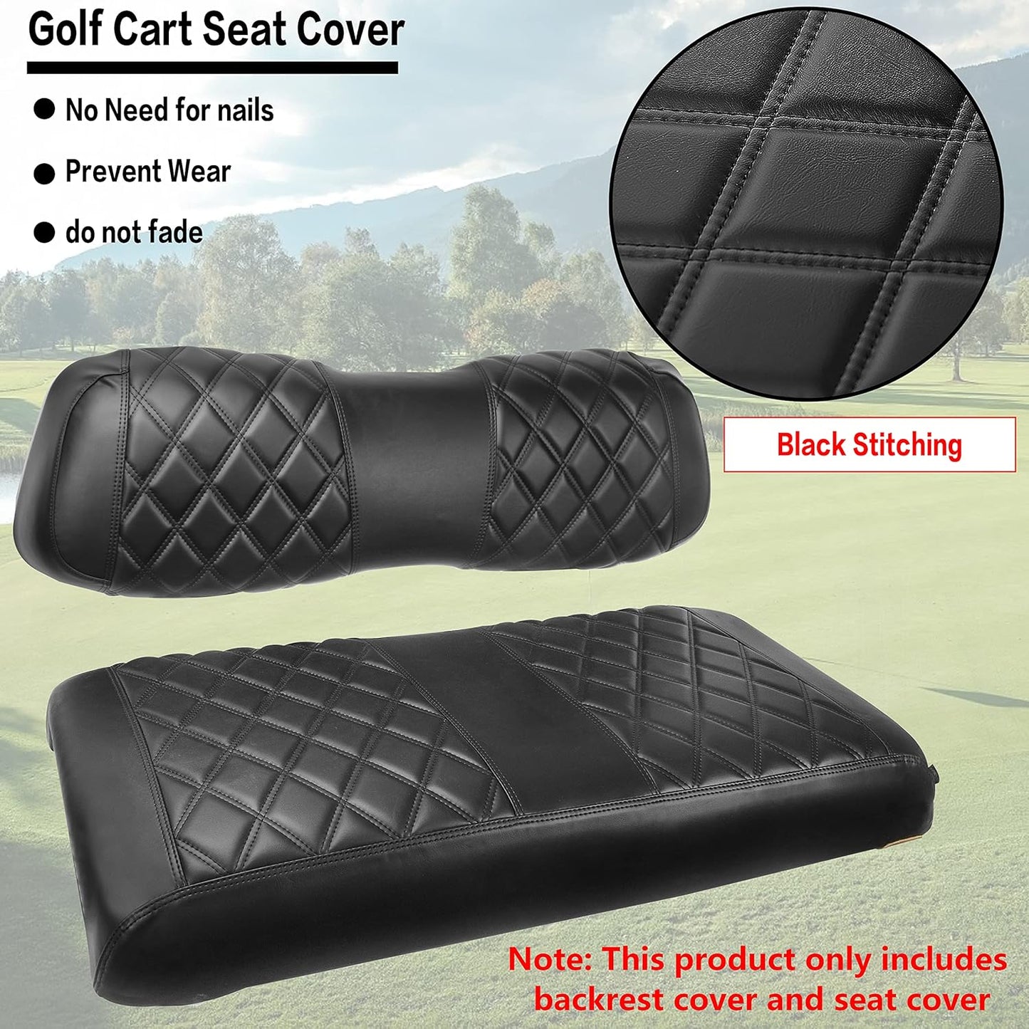 NOKINS Golf Cart D Diamond Seat Cover for Golf Cart Club Car DS Original Regular Seat Cushion, No Stapler, Golf Cart Vinyl Replacement Front Seat Cover Black Stitching