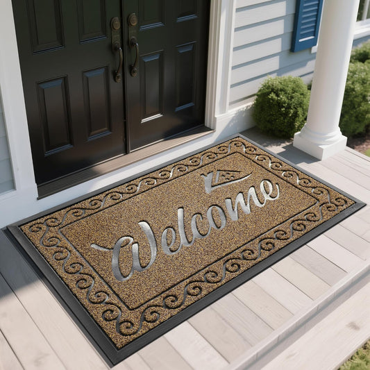 Yimobra Welcome Mat, Heavy Duty Sturdy Door Mats for Home Entrance Outdoor Indoor, Front Doormat for Outside Patio Floor Entry Porch Garage Office, Waterproof, Low Profile, 60 x 36, Beige Brown