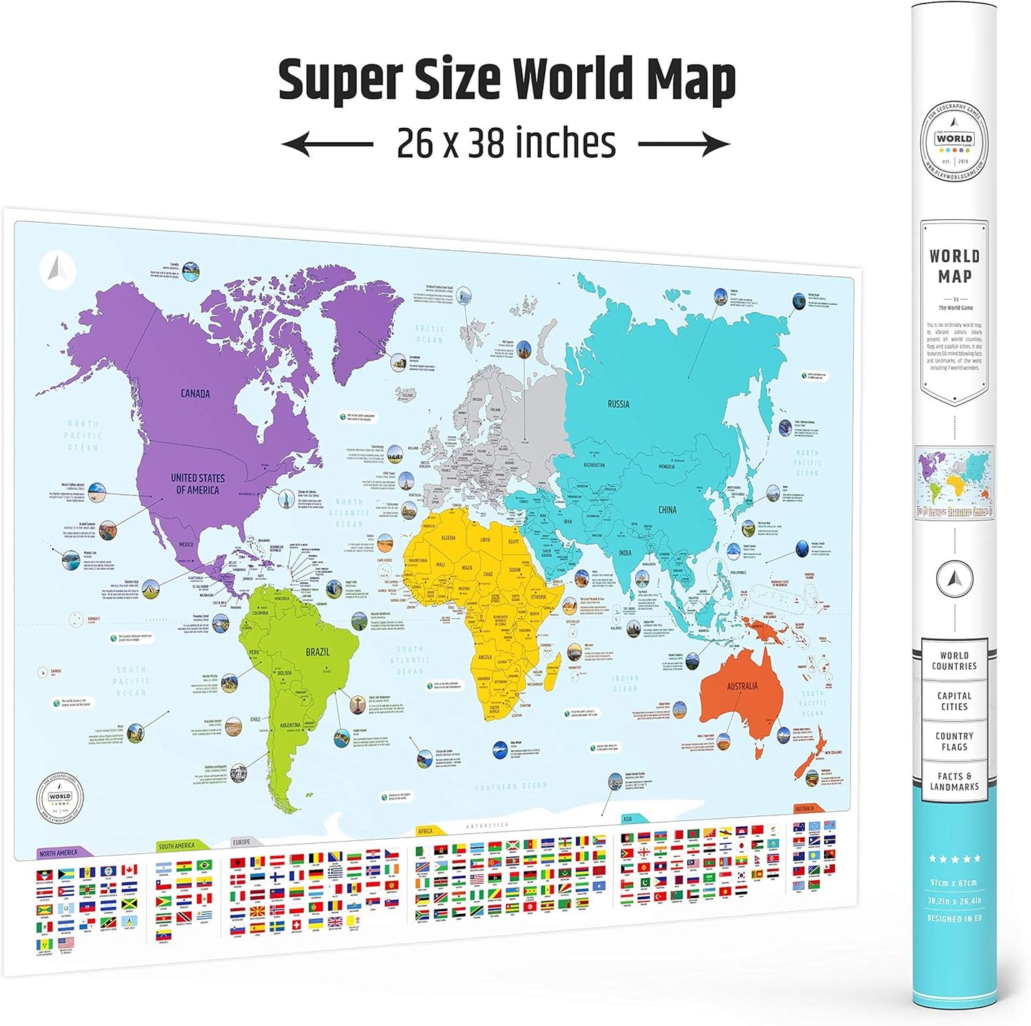 Large World Map for Wall - Poster with Flags & Capitals - Educational World Map for Kids & Adults - Colorful Global Maps with 50 Interesting Facts - Classroom & Homeschool Decor