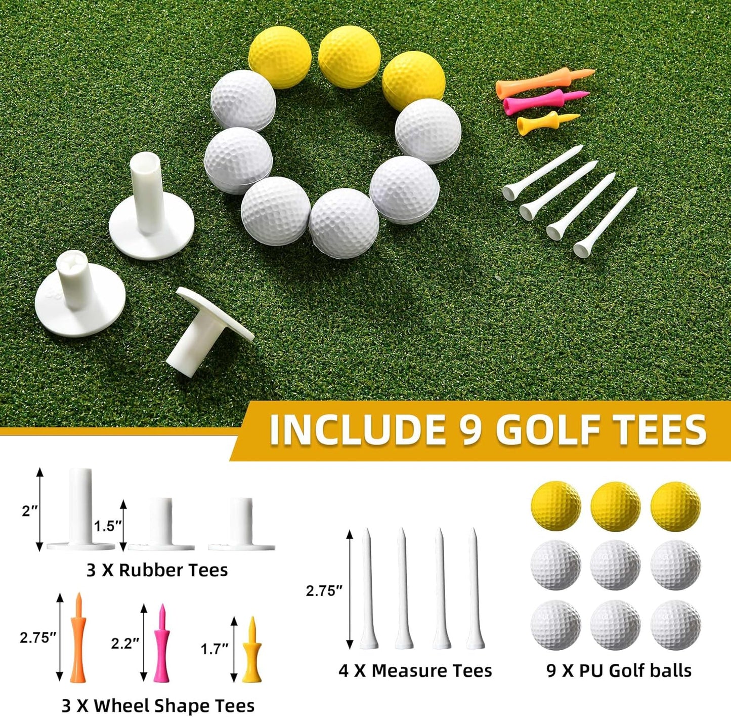 5x4ft Golf Hitting Mat, Thickened 21mm/31mm/36mm Artificial Turf Golf Practice Mats for Indoor Outdoor Backyard Driving Swing Training with 9 PU Balls, 3 Rubber Tees, 7 Tees