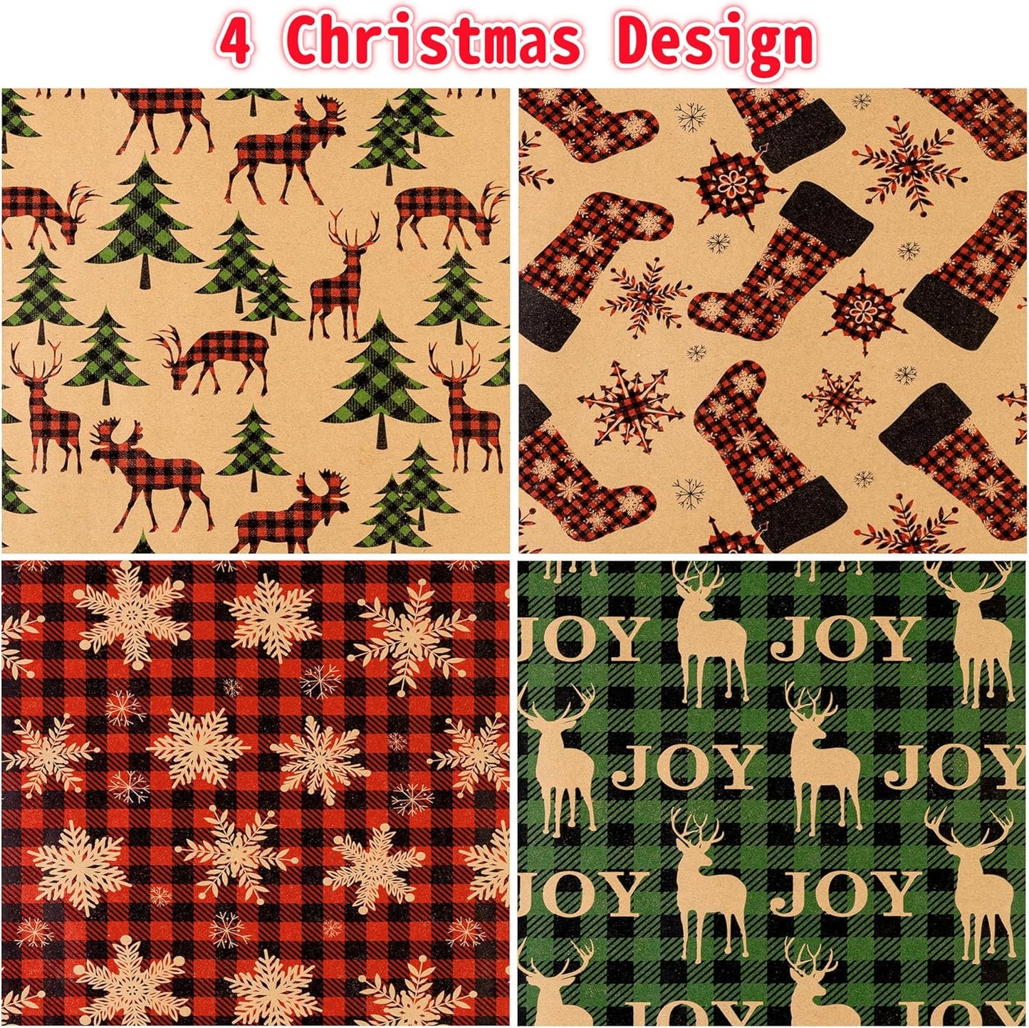 Christmas Wrapping Paper (4 Rolls: 93 sq. ft. ttl) - Red/Green and Black Plaid Grid Patterns, Stockings Snowflakes Pine Tree and Reindeer - Holiday Kraft Gift Paper 17 inches x 16.5 feet Per Roll