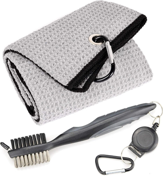 Mile High Life Golf Towels - Microfiber Waffle Pattern Tri-fold, Brush Tool Kit with Club Groove Cleaner with Retractable Cord and Clip, for Men Women, Golf Gift