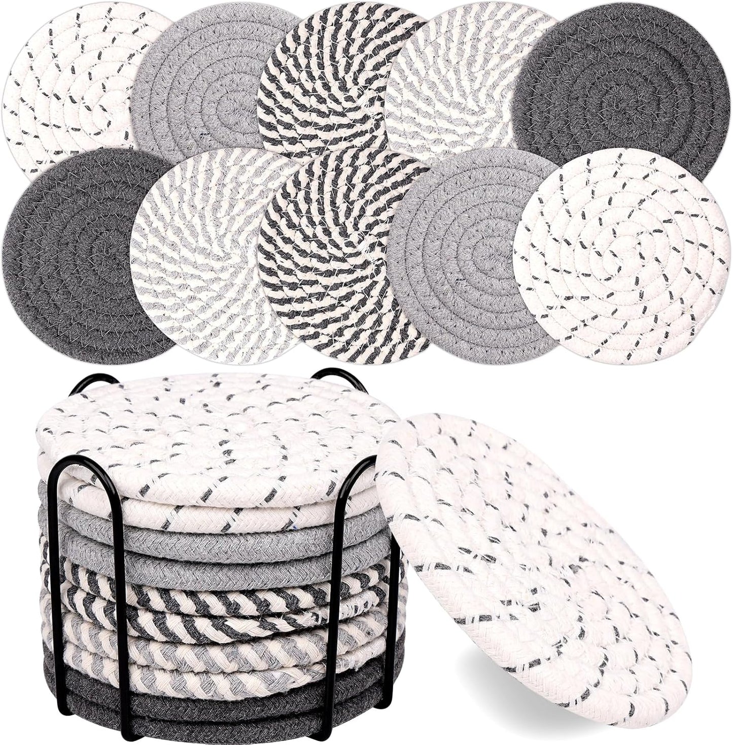 Mckanti 10 Pcs Round Cotton Coasters with Holder, 5 Colors Absorbent Drink Coasters for Home Decor, Grey