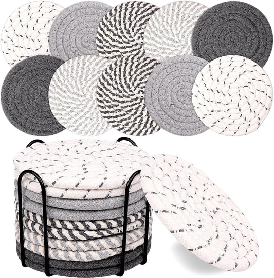 Mckanti 10 Pcs Round Cotton Coasters with Holder, 5 Colors Absorbent Drink Coasters for Home Decor, Grey