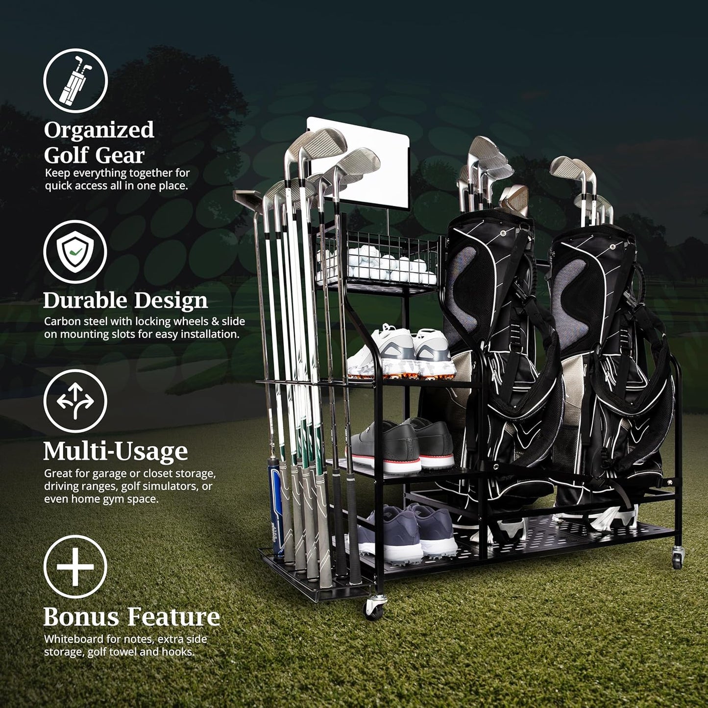 Heavy-Duty Golf Storage Rack for Garage – Holds 2 Golf Bags – Freestanding Organizer with Shelves, Club Stand, Hooks & Basket – Perfect for Shed, Backyard, Home Simulators, Basement